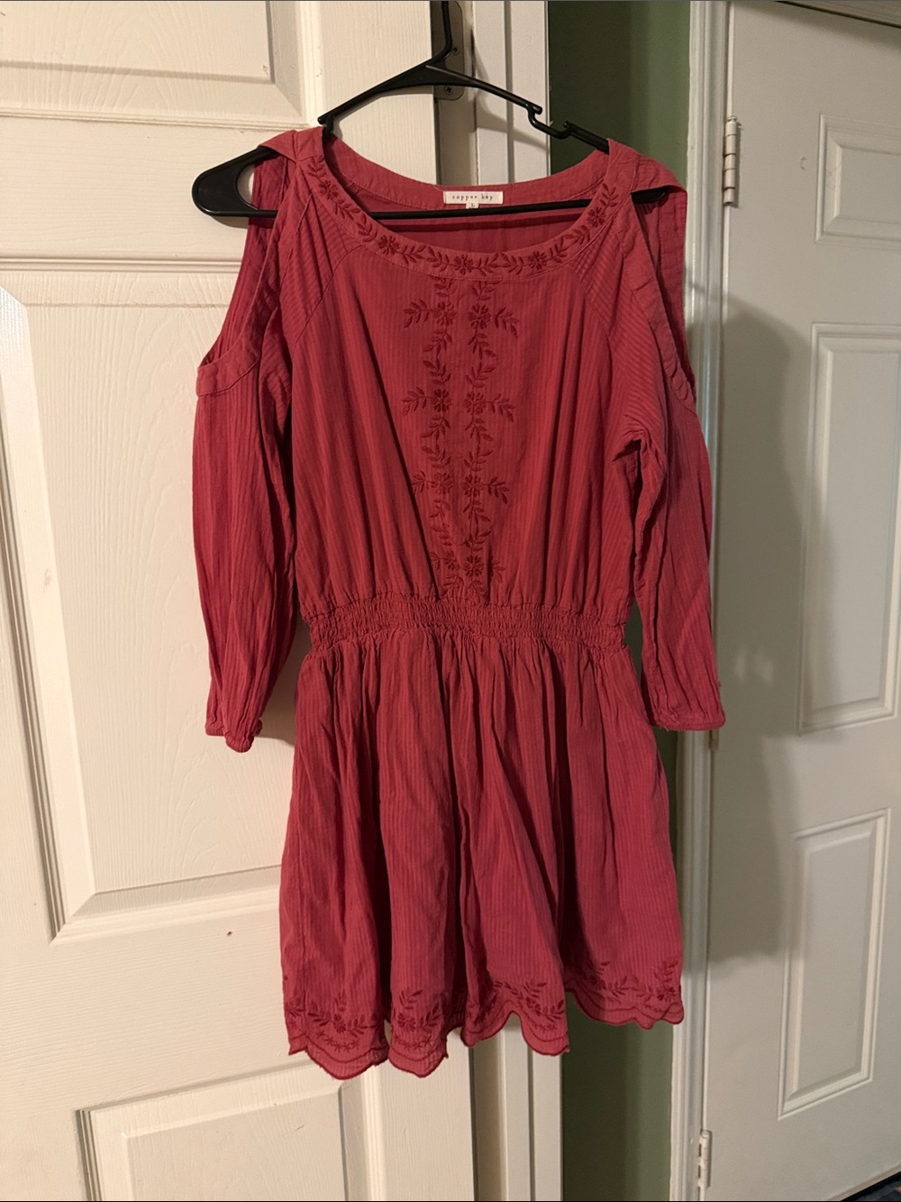 Cold-Shoulder Embroidered Rust Red Dress